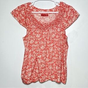 Elle Women's Blouse XL Coral Paisley Flowy Flutter Sleeve Smocked Neckline Top